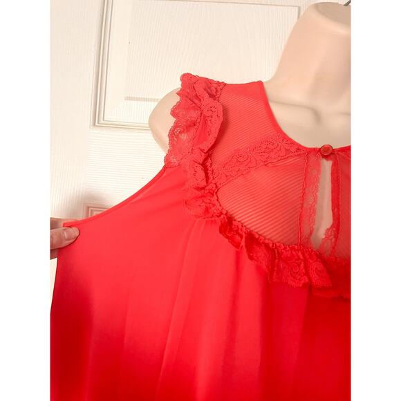 Vintage Shadowline Nylon Nightgown M Medium Red Sleeveless Silky Lace Sweep - Picture 5 of 16